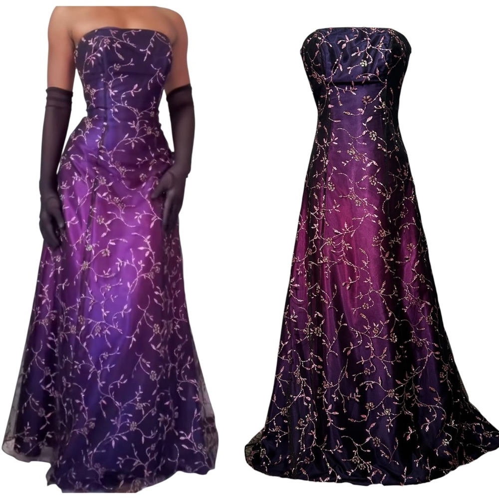 Morgan & Co Y2K Purple Floral Glitter Prom Gown Fairycore Formal Dress Sz 3/4